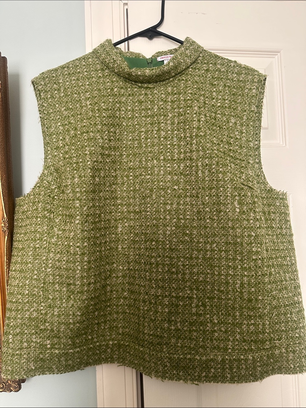 Frances Valentine Olive Green Bouclé top with Cream specks